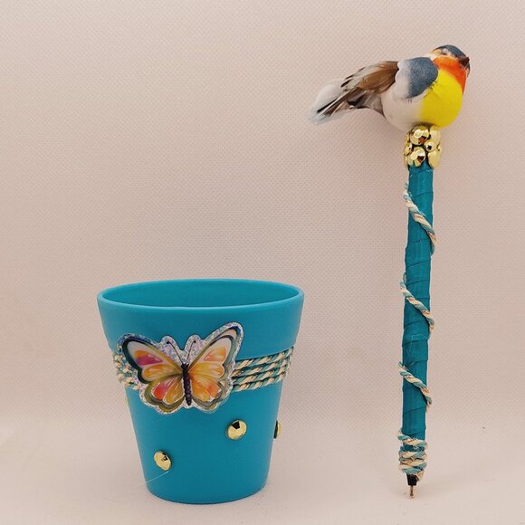 Blue Bird Pen Set with Small Turquoise Decorative Flowerpot Organizer - Picture 2 of 4
